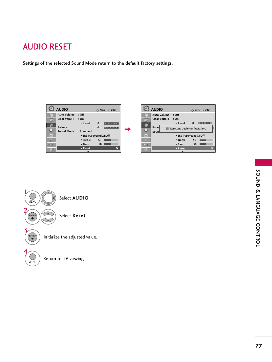 Audio reset, Sound & langu a ge contr ol, Initialize the adjusted value | Return to tv viewing | LG SAC33575901 User Manual | Page 79 / 117