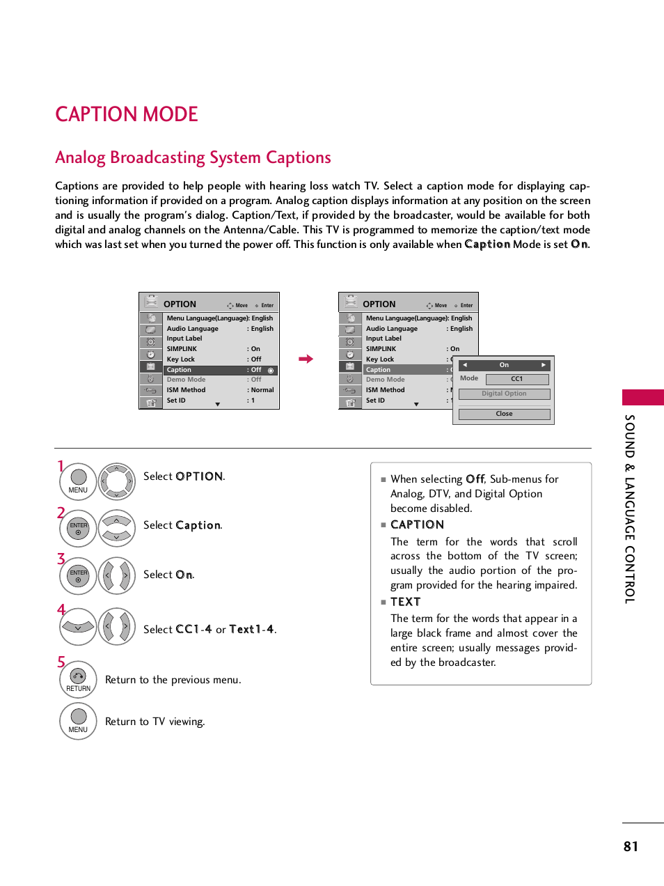 Caption mode, Analog broadcasting system captions, Sound & langu a ge contr ol | LG SAC33575901 User Manual | Page 83 / 117