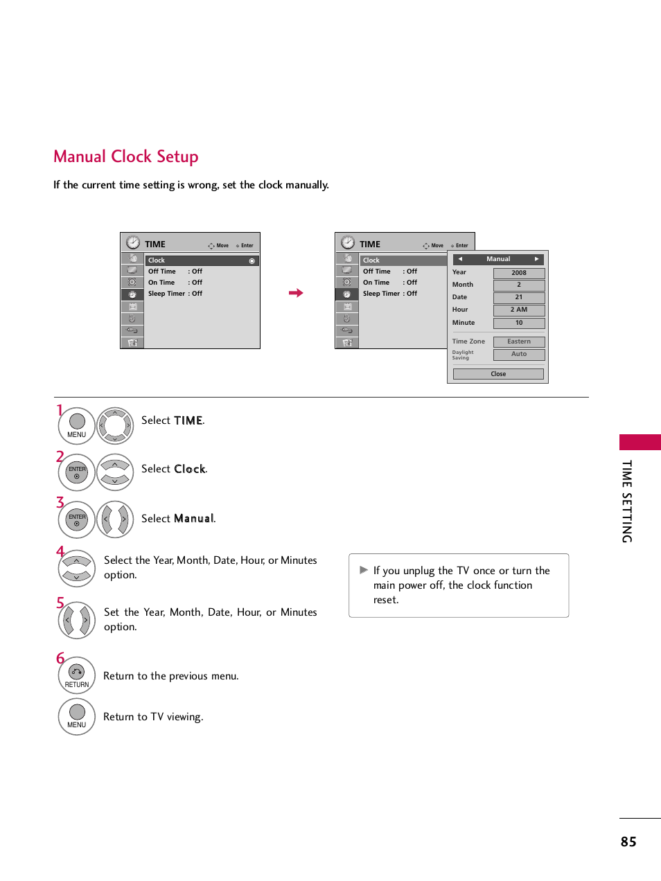 Manual clock setup, Time setting, Set the year, month, date, hour, or minutes option | Return to the previous menu, Return to tv viewing | LG SAC33575901 User Manual | Page 87 / 117