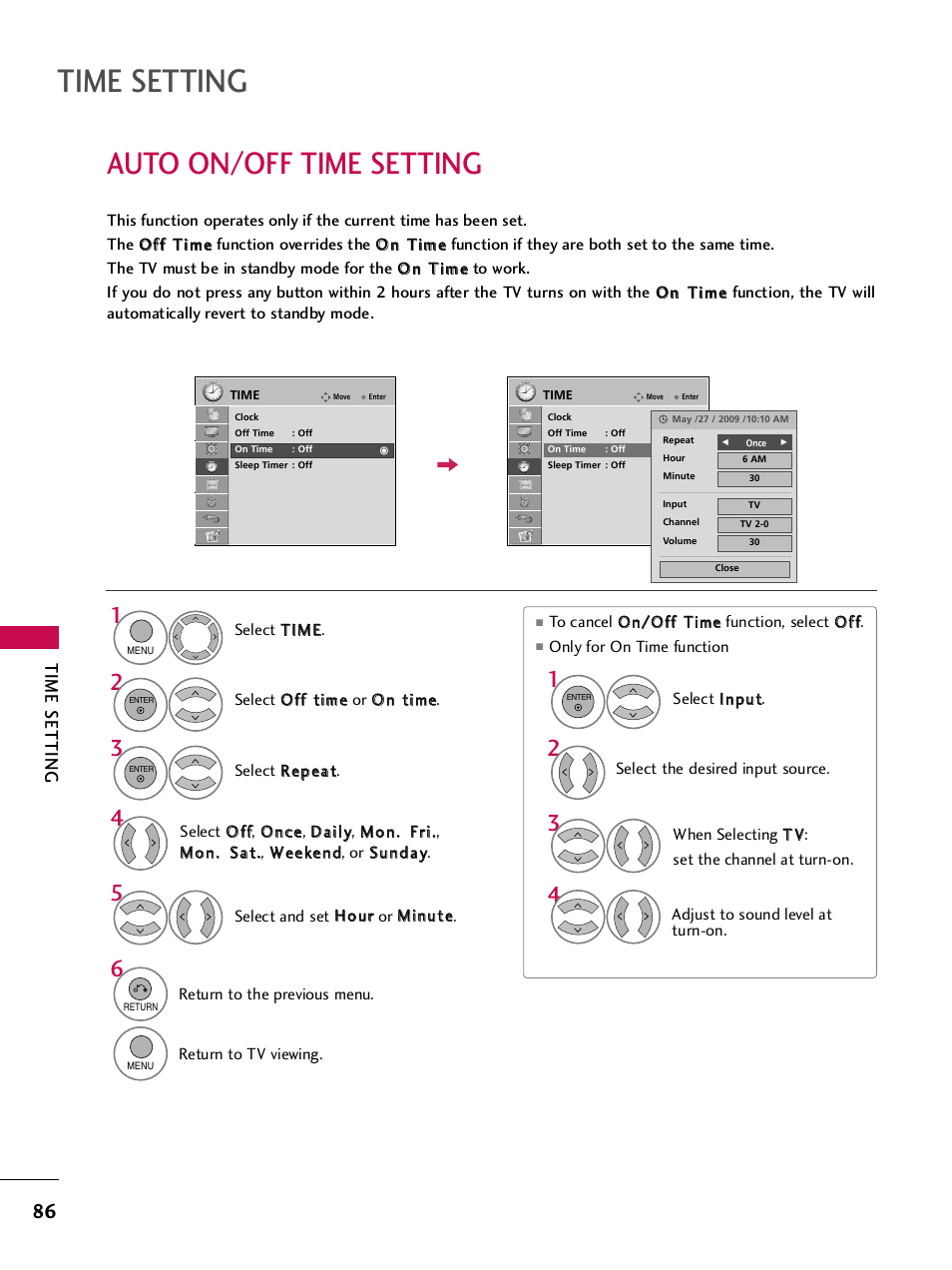 Auto on/off time setting, Time setting | LG SAC33575901 User Manual | Page 88 / 117