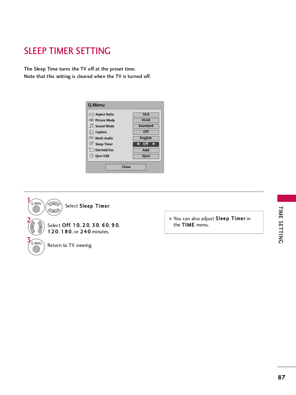 Sleep timer setting, Time setting | LG SAC33575901 User Manual | Page 89 / 117