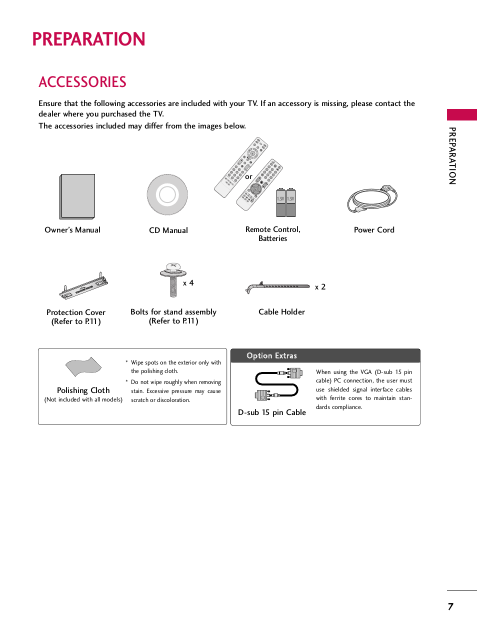 Preparation, Accessories, Prep ar a tion | Polishing cloth, D-sub 15 pin cable, Pa g e, Fa v mar k q.m en u me nu list, Pa g e re tu rn in fo | LG SAC33575901 User Manual | Page 9 / 117