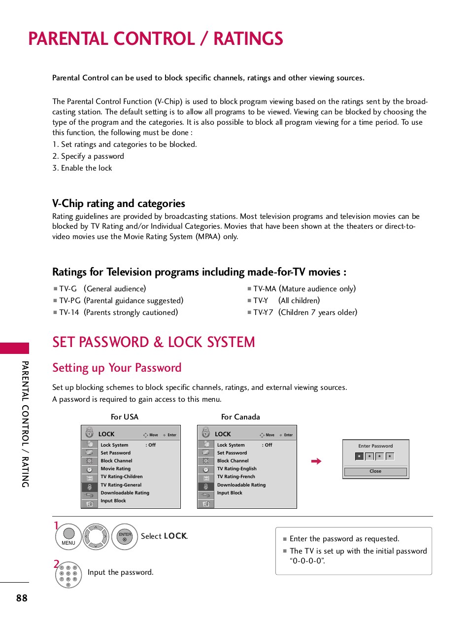 Parental control / ratings, Set password & lock system, Setting up your password | V-chip rating and categories, Parent al contr ol / r a ting | LG SAC33575901 User Manual | Page 90 / 117