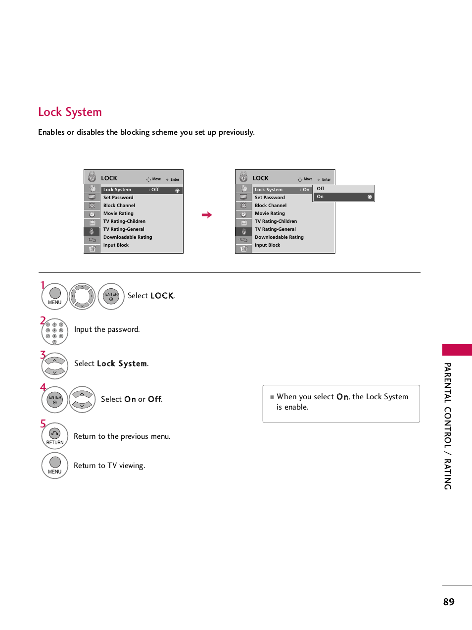 Lock system, Parent al contr ol / r a ting | LG SAC33575901 User Manual | Page 91 / 117