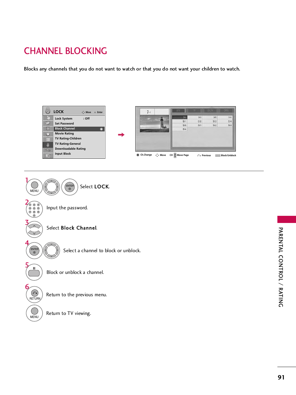 Channel blocking, Parent al contr ol / r a ting | LG SAC33575901 User Manual | Page 93 / 117