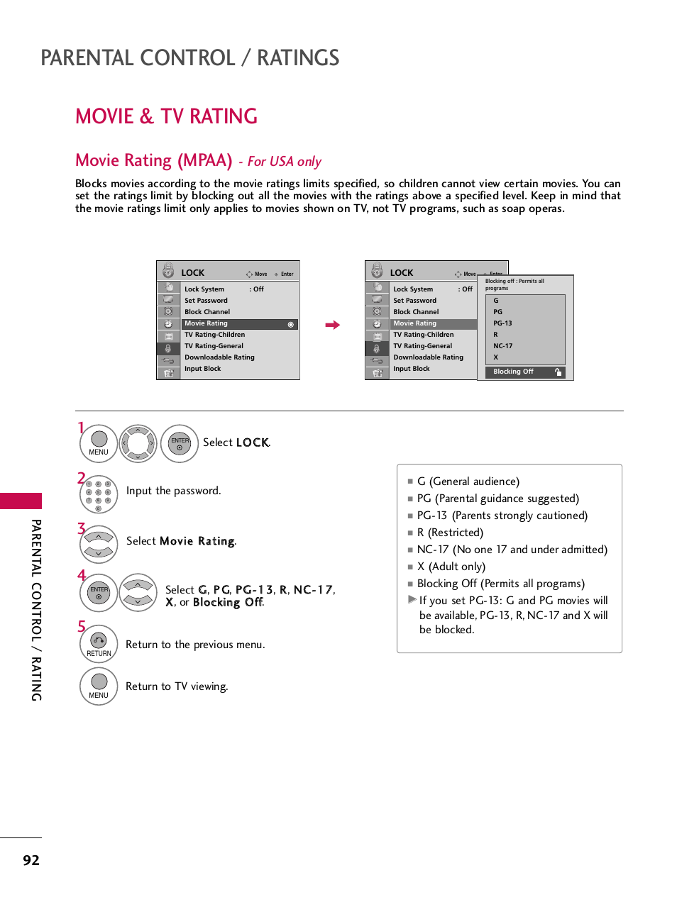 Movie & tv rating, Movie rating (mpaa) - for usa only, Parental control / ratings | Movie rating (mpaa), For usa only, Parent al contr ol / r a ting | LG SAC33575901 User Manual | Page 94 / 117