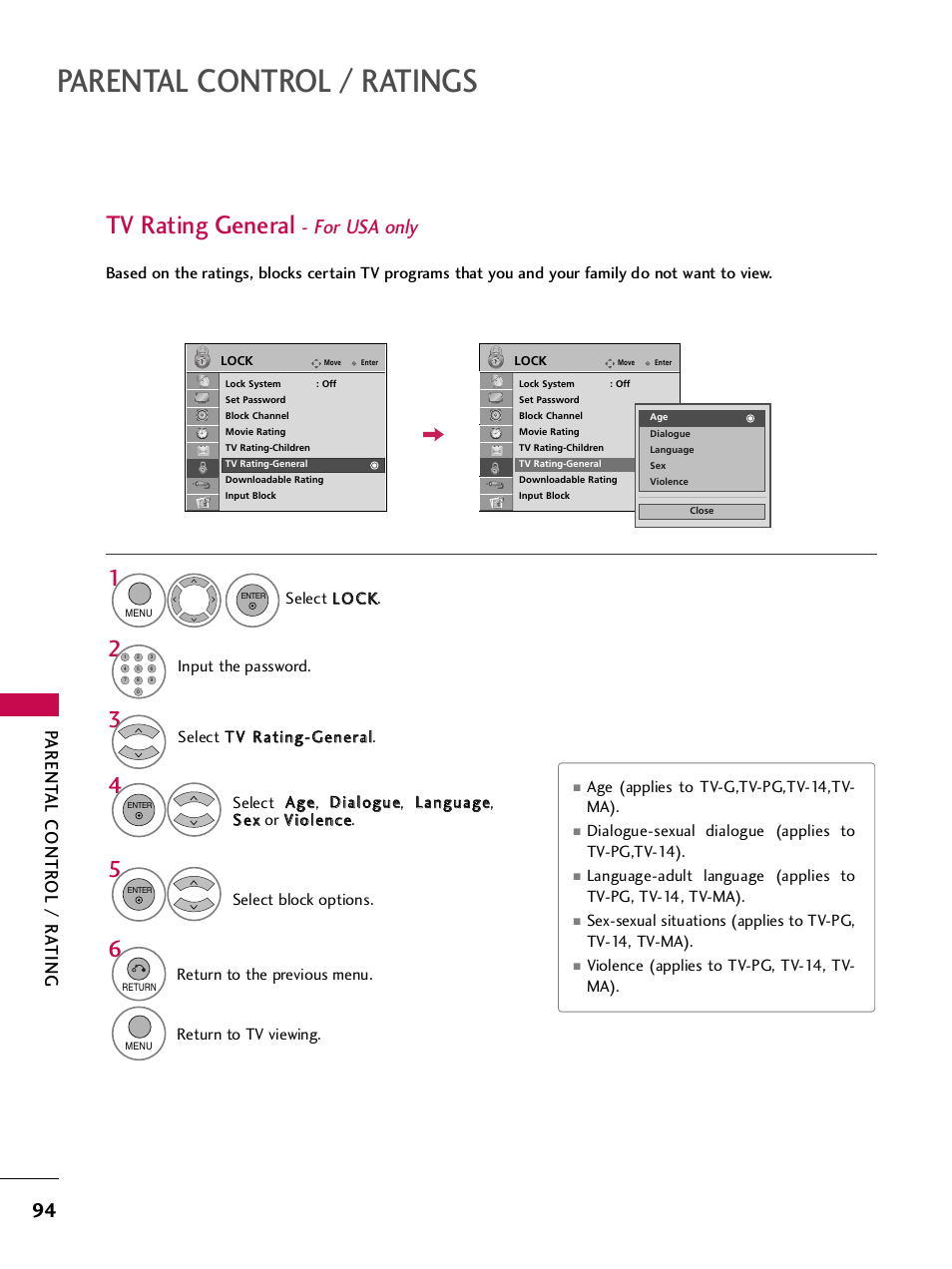 Tv rating general - for usa only, Parental control / ratings, Tv rating general | For usa only, Parent al contr ol / r a ting | LG SAC33575901 User Manual | Page 96 / 117