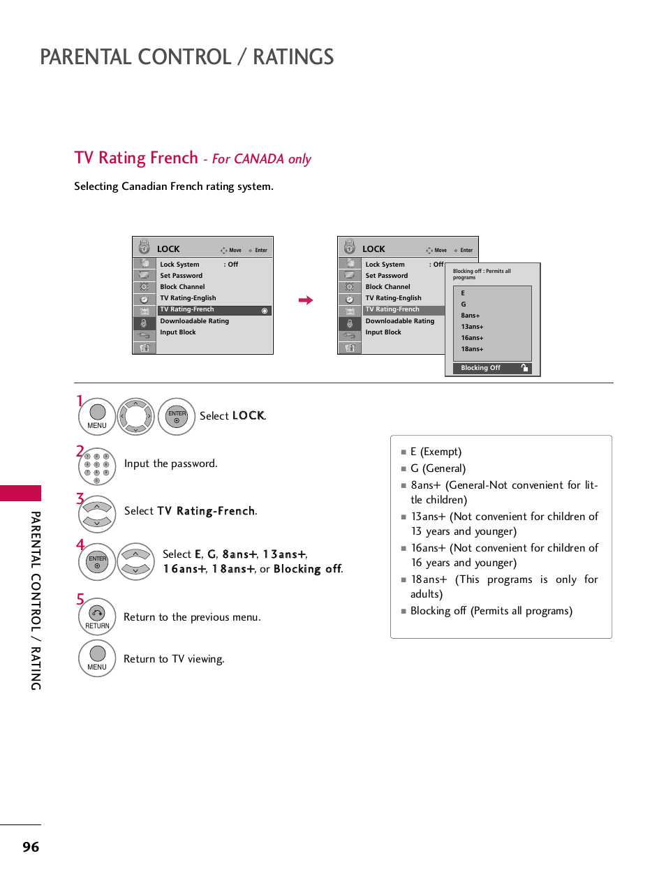 Tv rating french - for canada only, Parental control / ratings, Tv rating french | For canada only, Parent al contr ol / r a ting | LG SAC33575901 User Manual | Page 98 / 117