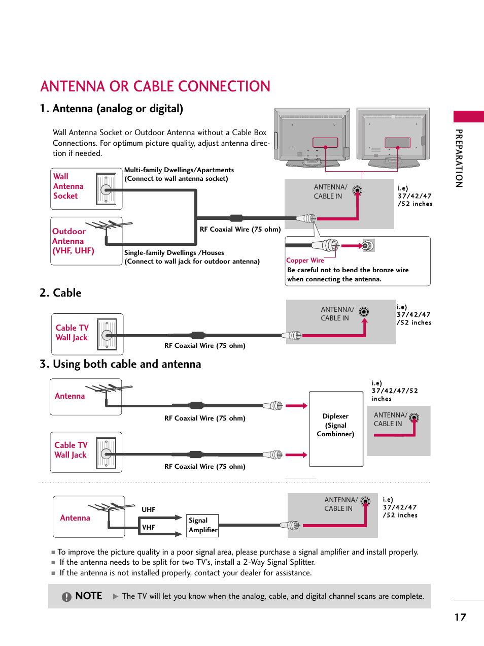 Antenna or cable connection, Antenna (analog or digital), Cable | Using both cable and antenna, Prep ar a tion, Antenna, Cable tv wall jack antenna | LG 32LB4D User Manual | Page 19 / 110