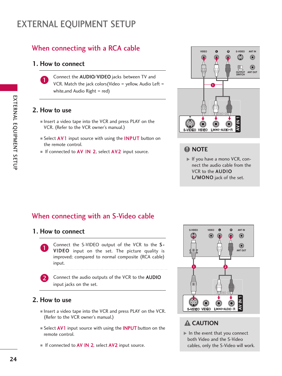When connecting with a rca cable, When connecting with an s-video cable, External equipment setup | How to connect 2. how to use, Caution, External eq uipment setup | LG 32LB4D User Manual | Page 26 / 110