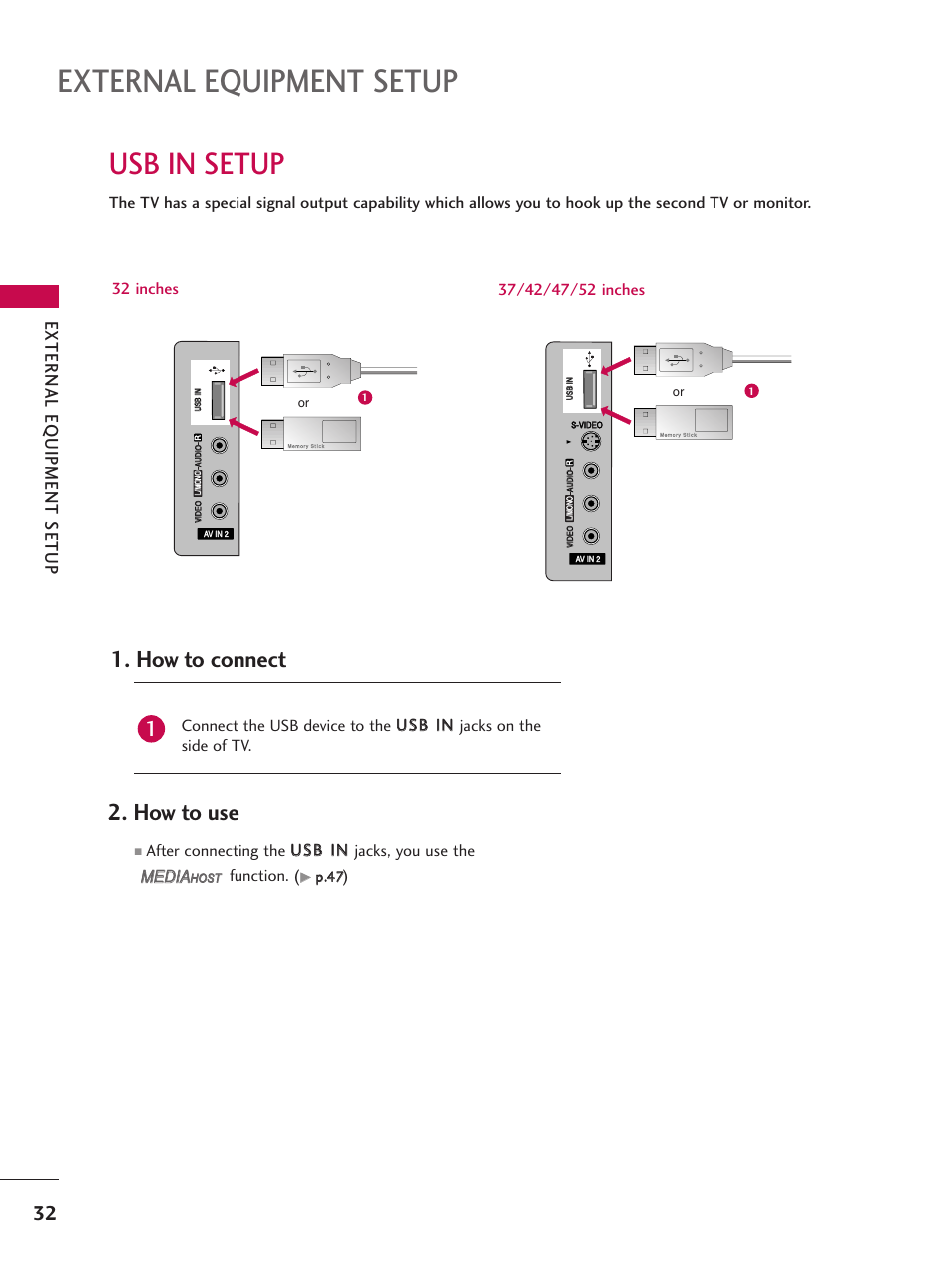 Usb in setup, External equipment setup, How to connect | How to use, External eq uipment setup, Media | LG 32LB4D User Manual | Page 34 / 110