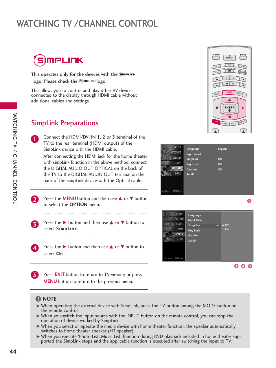 Simplink, Watching tv /channel control, Simplink preparations | Wa tching tv / channel contr ol | LG 32LB4D User Manual | Page 46 / 110