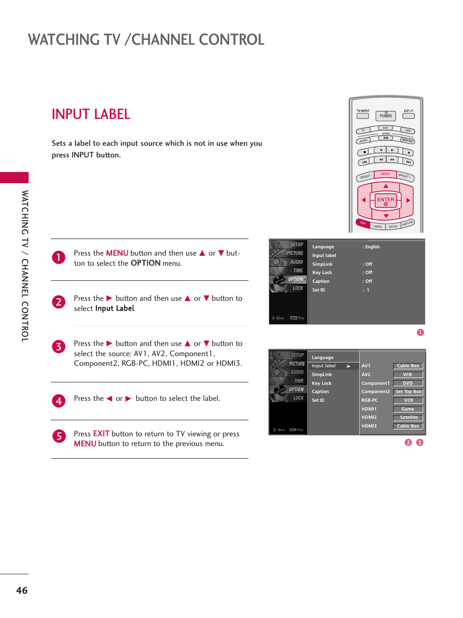 Input label, Watching tv /channel control, Wa tching tv / channel contr ol | Button and then use | LG 32LB4D User Manual | Page 48 / 110