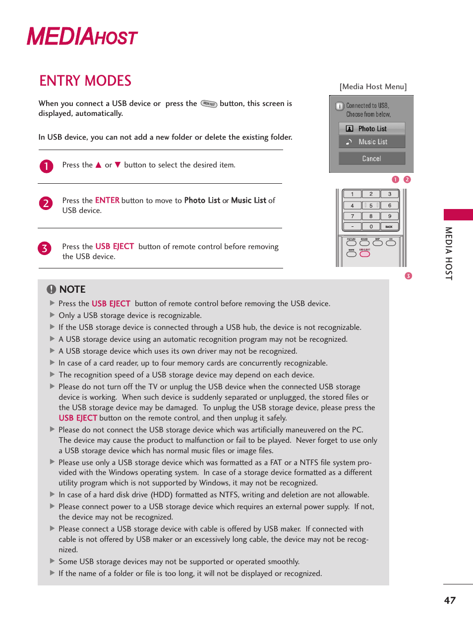 Media host, Entry modes, Media | Host | LG 32LB4D User Manual | Page 49 / 110