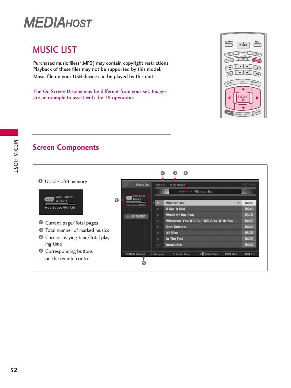 Music list, Media, Host | Screen components, Media hos t | LG 32LB4D User Manual | Page 54 / 110