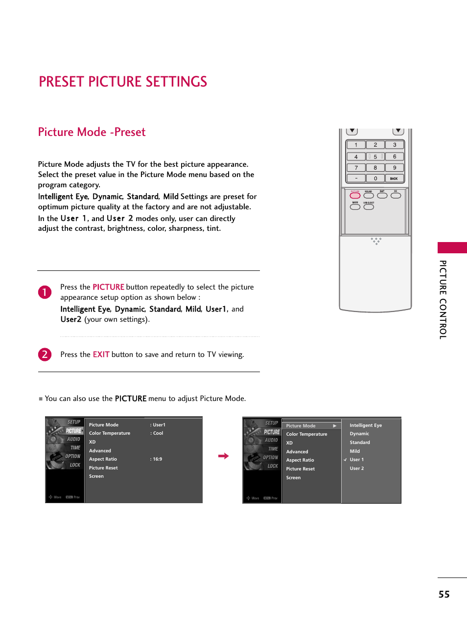 Preset picture settings, Picture mode -preset, Picture contr ol | LG 32LB4D User Manual | Page 57 / 110