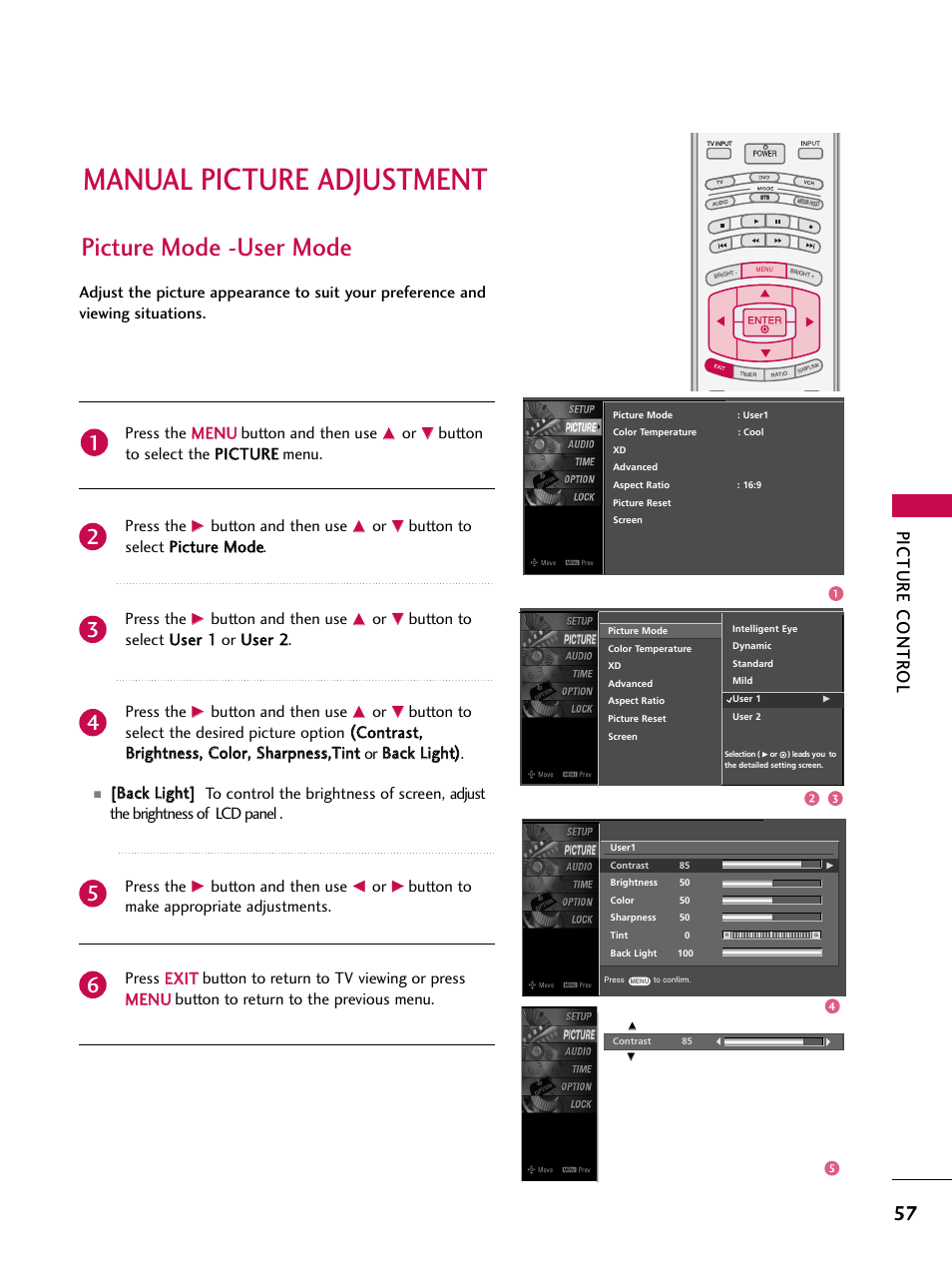 Manual picture adjustment, Picture mode -user mode, Picture contr ol | Press the m me en nu u button and then use, Button and then use | LG 32LB4D User Manual | Page 59 / 110
