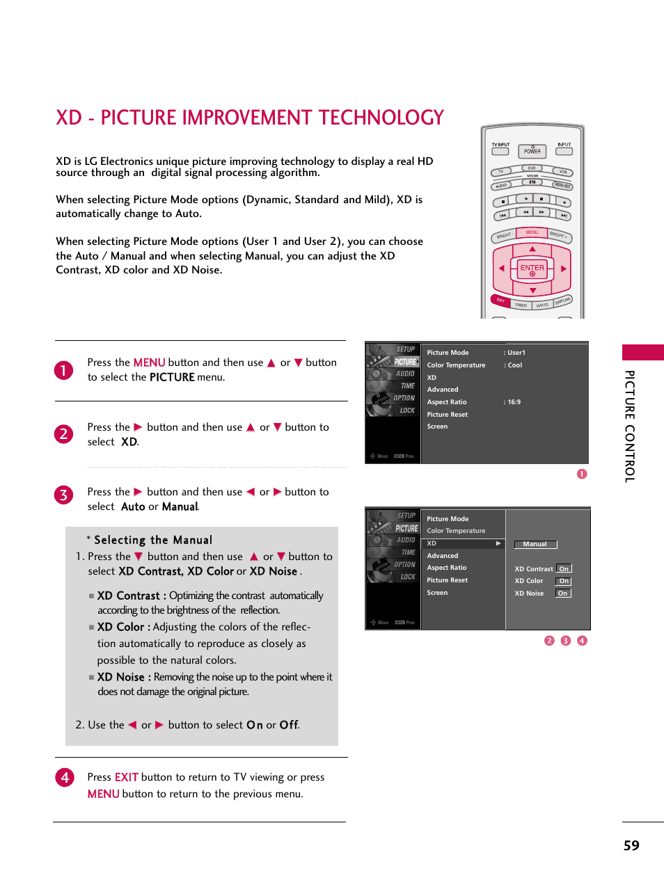 Xd - picture improvement technology, Picture contr ol, Press the m me en nu u button and then use | Button and then use, Button to select x xd d. press the | LG 32LB4D User Manual | Page 61 / 110