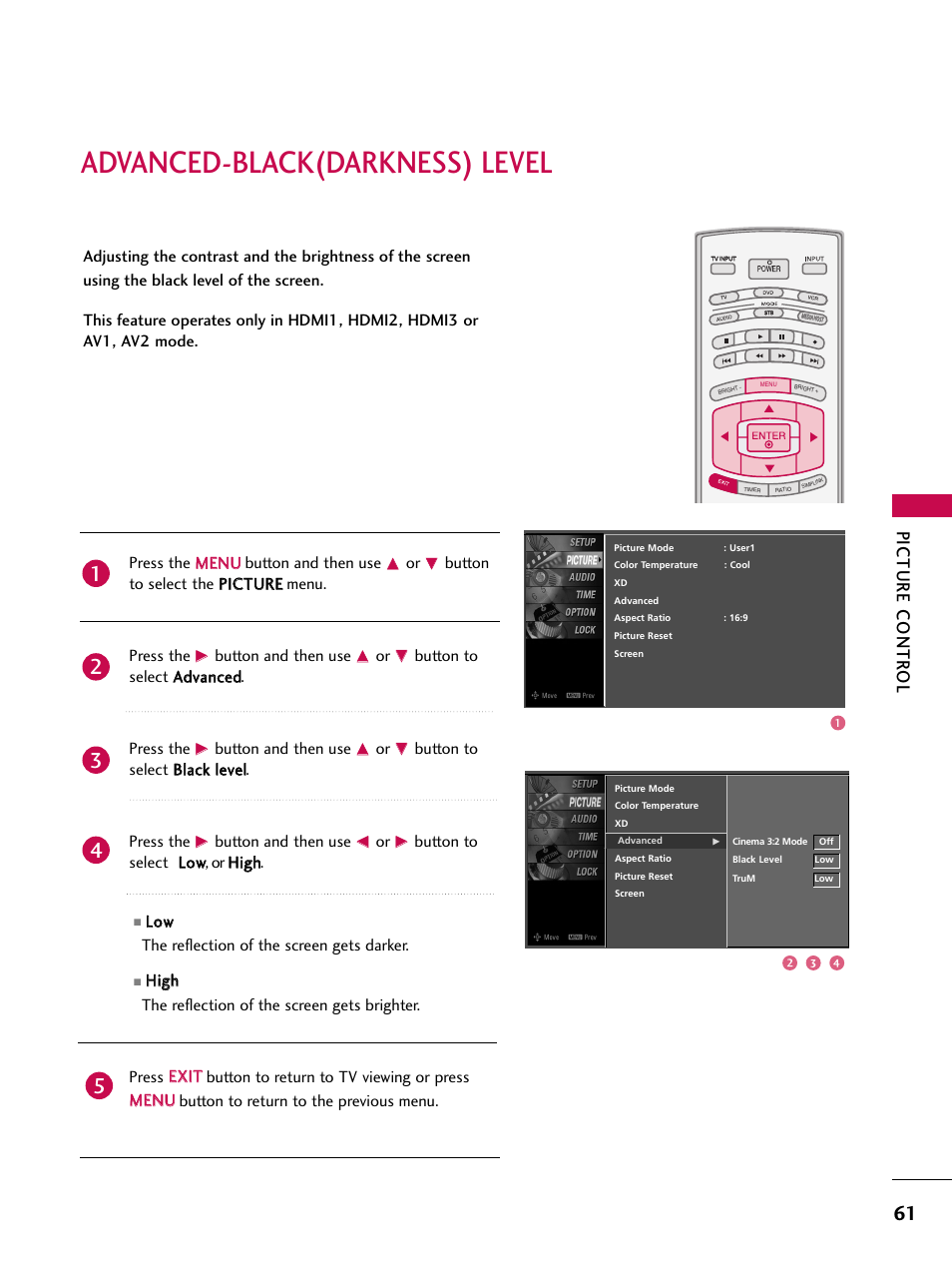 Advanced-black(darkness) level, Picture contr ol, Press the m me en nu u button and then use | Button and then use, Button to select a ad dvvaan ncceed d. press the, Button to select b bllaacckk lleevveell. press the, Button to select llo ow w, or h hiig gh h, Llo ow w the reflection of the screen gets darker | LG 32LB4D User Manual | Page 63 / 110