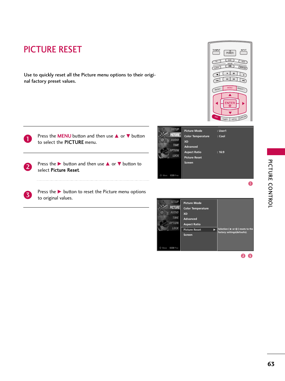 Picture reset, Picture contr ol, Press the m me en nu u button and then use | Button and then use | LG 32LB4D User Manual | Page 65 / 110