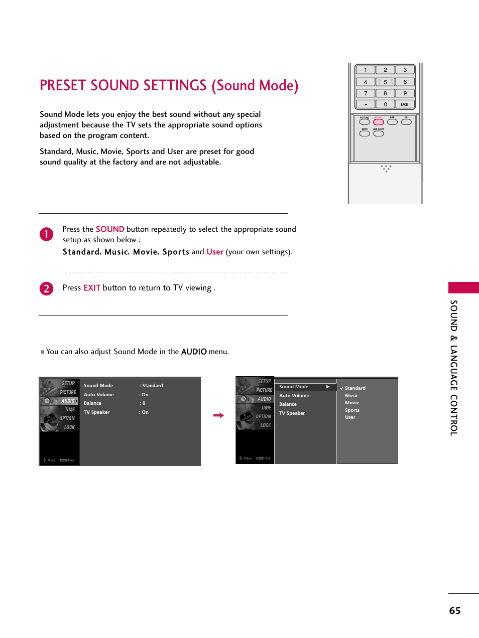 Preset sound settings (sound mode), Sound & langu a ge contr ol, Press | Button to return to tv viewing, Eex xiit t | LG 32LB4D User Manual | Page 67 / 110