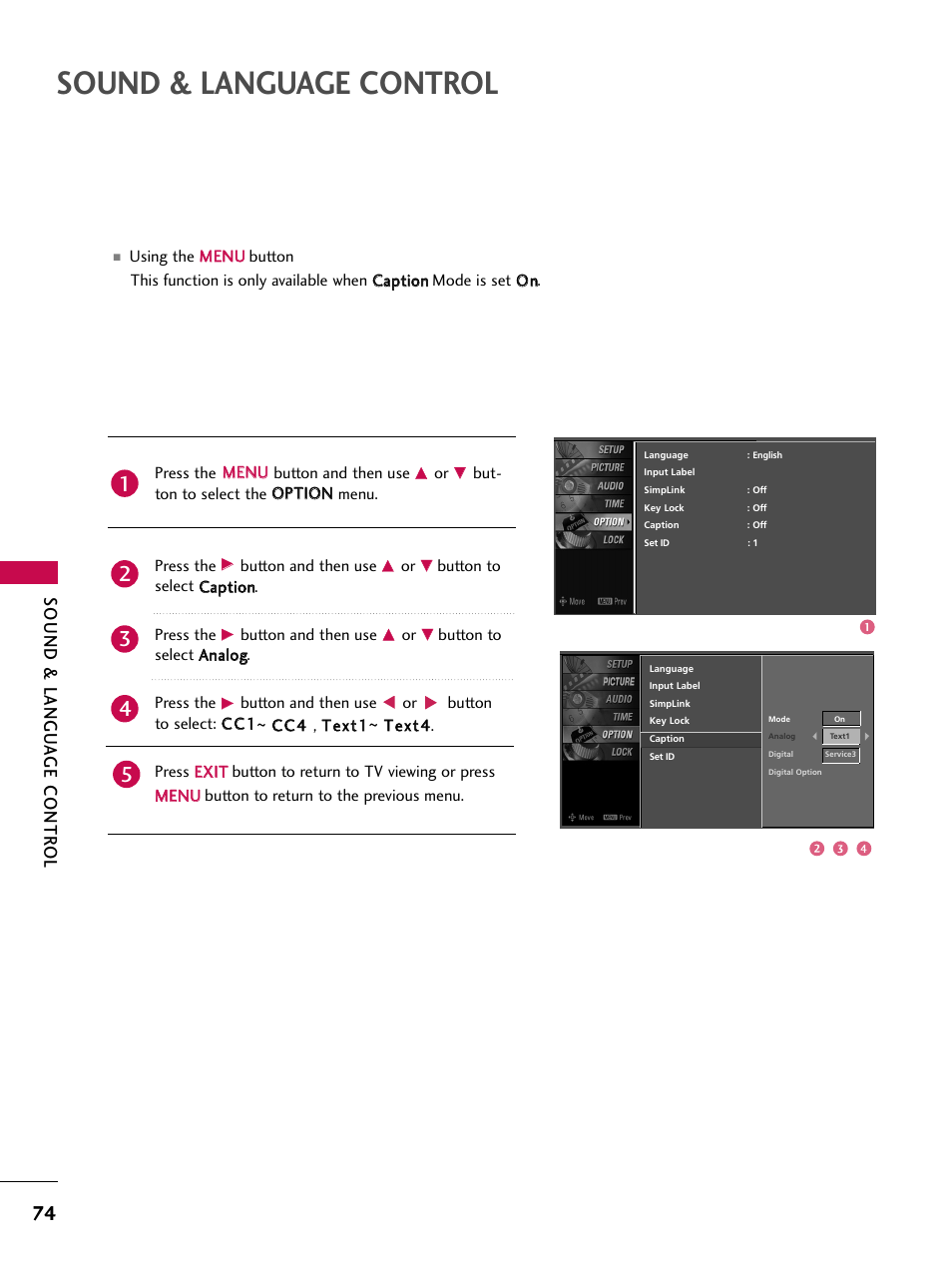 Sound & language control, Sound & langu a ge contr ol | LG 32LB4D User Manual | Page 76 / 110