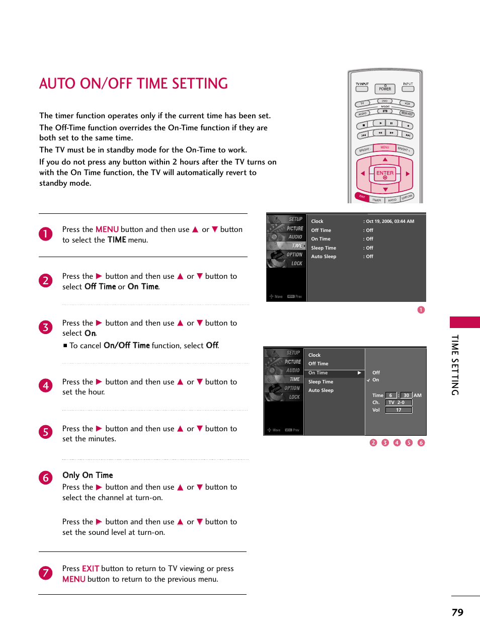 Auto on/off time setting, Time setting, Button to select the t tiim me e menu. press the | Button and then use, Button to select o on n, Button to set the hour. press the, Button to select the channel at turn-on. press the | LG 32LB4D User Manual | Page 81 / 110