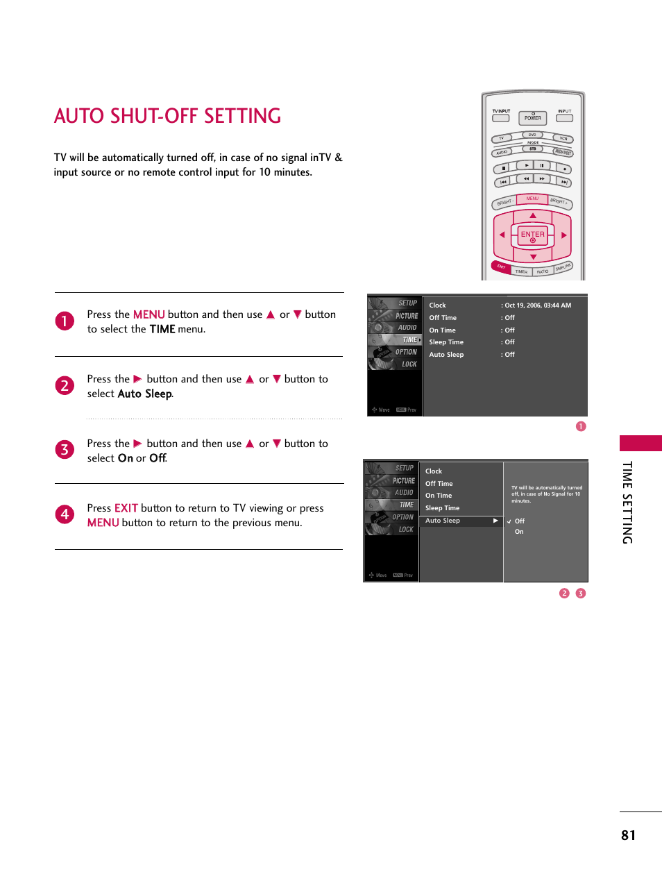 Auto shut-off setting, Time setting, Button to select the t tiim me e menu. press the | Button and then use | LG 32LB4D User Manual | Page 83 / 110