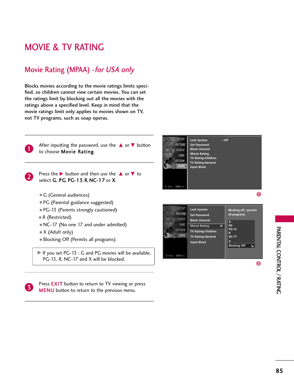 Movie & tv rating, Movie rating (mpaa) -for usa only, Movie rating (mpaa) - for usa only | Parent al contr ol / r ating | LG 32LB4D User Manual | Page 87 / 110