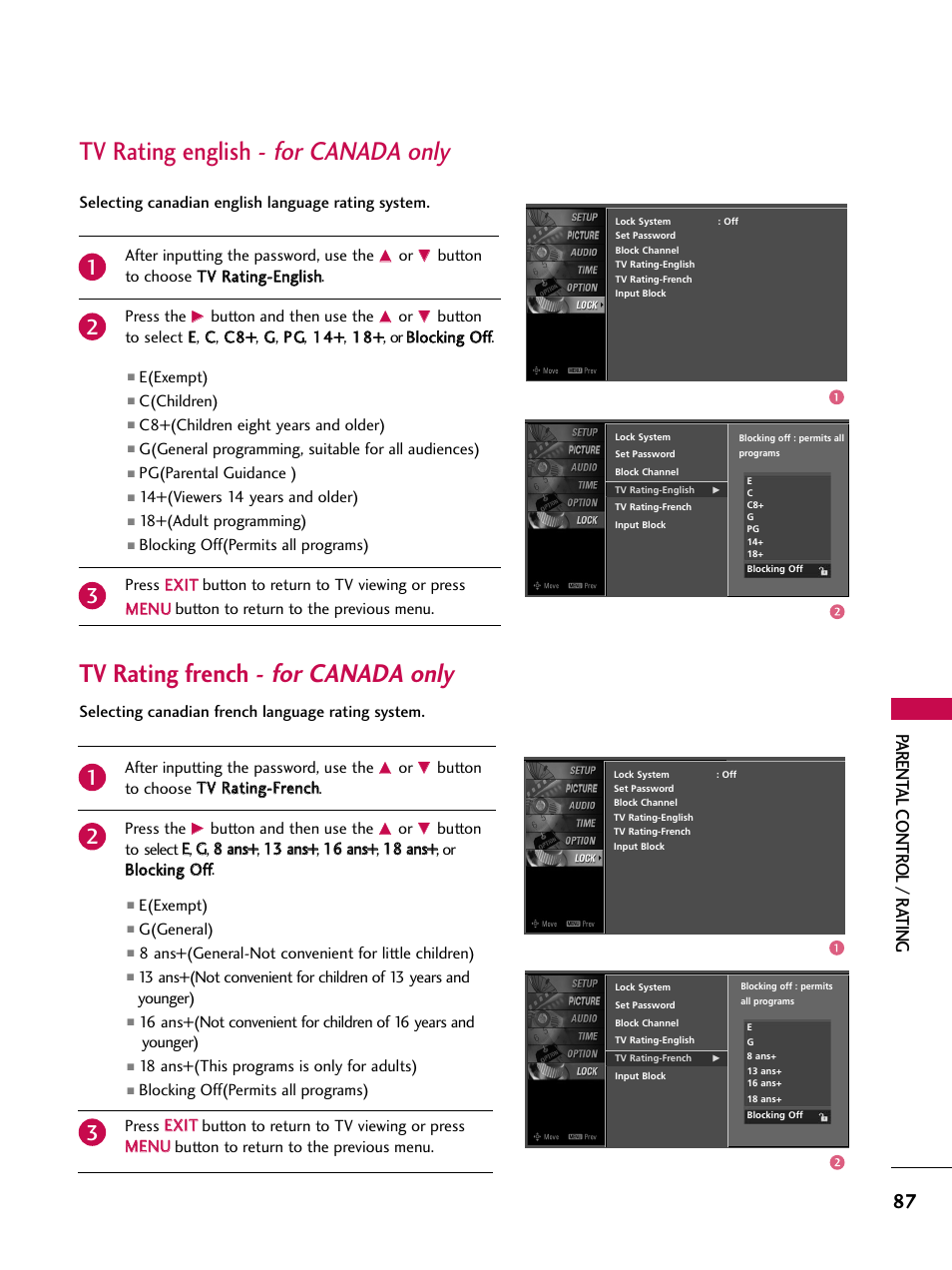 Tv rating english - for canada only, Tv rating french - for canada only, Parent al contr ol / r ating | LG 32LB4D User Manual | Page 89 / 110