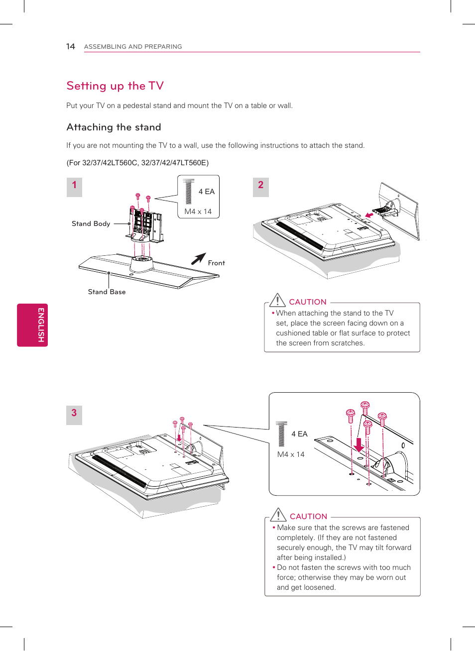 Setting up the tv, Attaching the stand | LG 22LT560C User Manual | Page 14 / 36