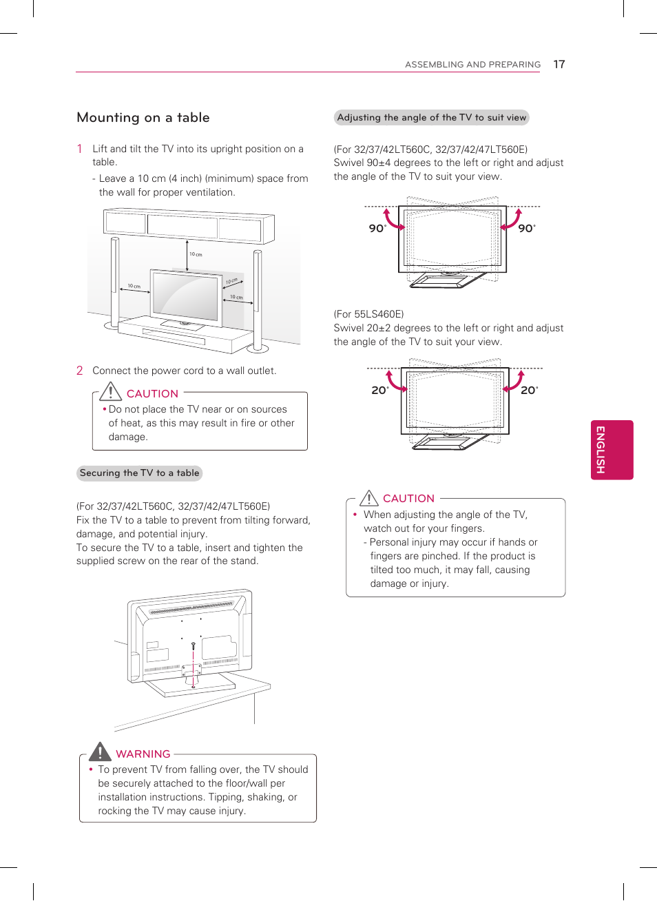 Mounting on a table | LG 22LT560C User Manual | Page 17 / 36