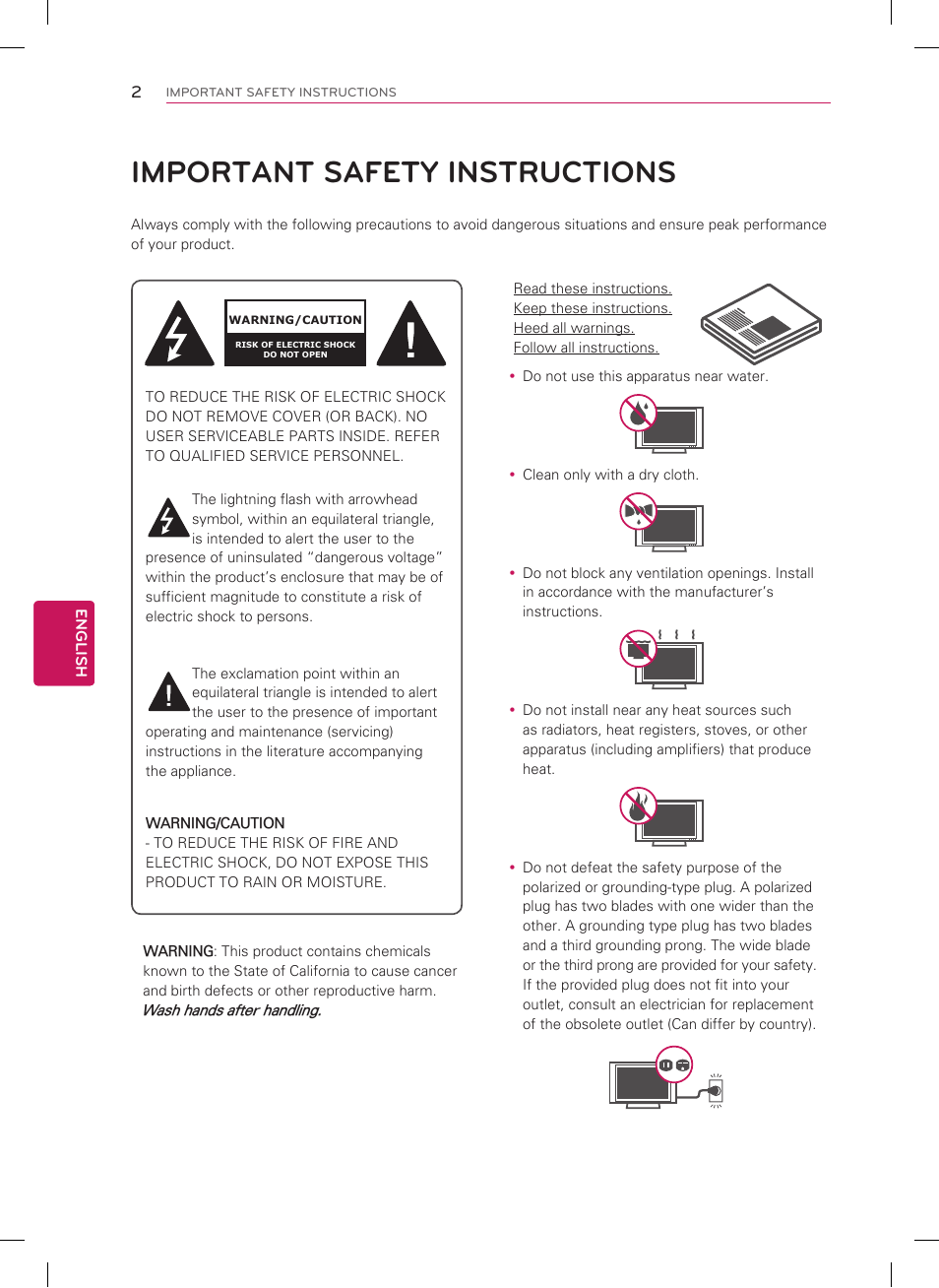 Important safety instructions, English | LG 22LT560C User Manual | Page 2 / 36