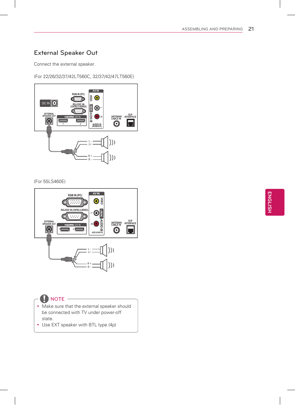 External speaker out, English, Caution | Gather and bind the cables with the cable holder | LG 22LT560C User Manual | Page 21 / 36