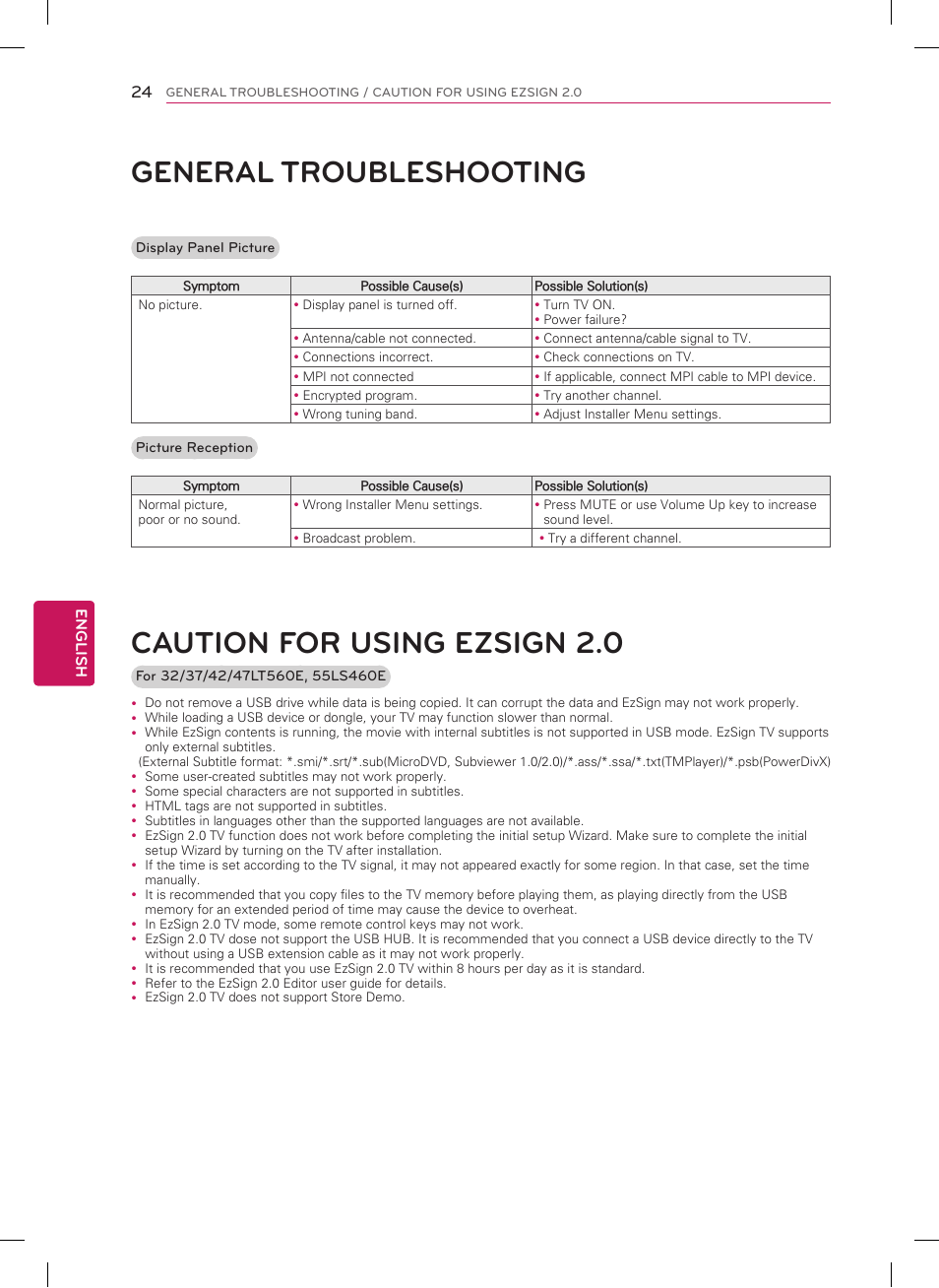 General troubleshooting, Caution for using ezsign 2.0 | LG 22LT560C User Manual | Page 24 / 36