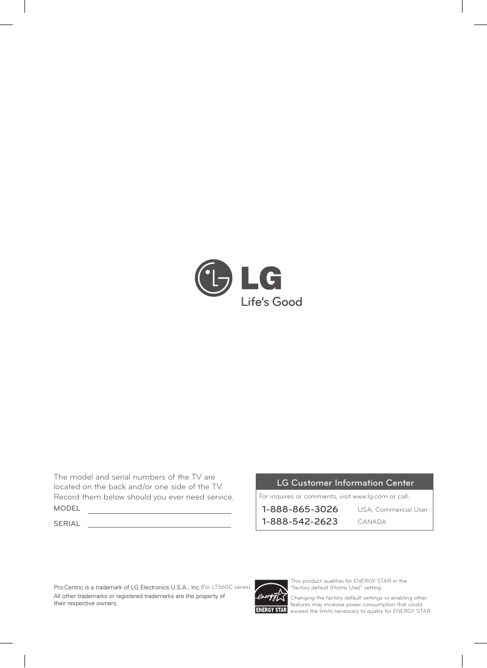 Lg customer information center | LG 22LT560C User Manual | Page 36 / 36