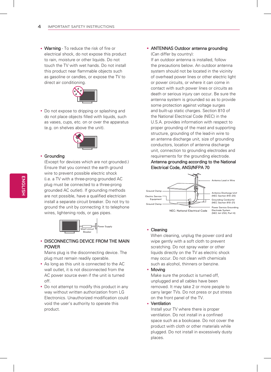 Short-circuit breaker power supply, English | LG 22LT560C User Manual | Page 4 / 36
