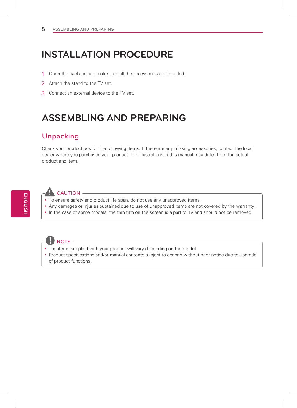 Installation procedure, Assembling and preparing, Unpacking | LG 22LT560C User Manual | Page 8 / 36