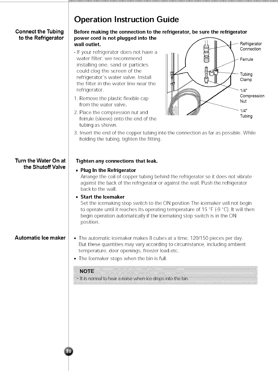 Operation instruction guide, Wall outlet, Tighten any connections that leak | Start the icemaker, Note | LG SXS LRSC 26980TT User Manual | Page 10 / 33