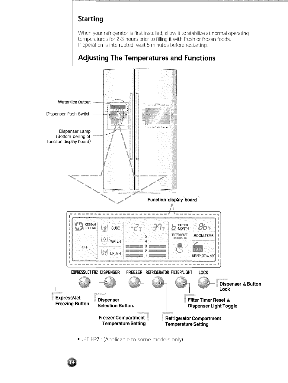 Starting, Adjusting the temperatures and functions | LG SXS LRSC 26980TT User Manual | Page 14 / 33