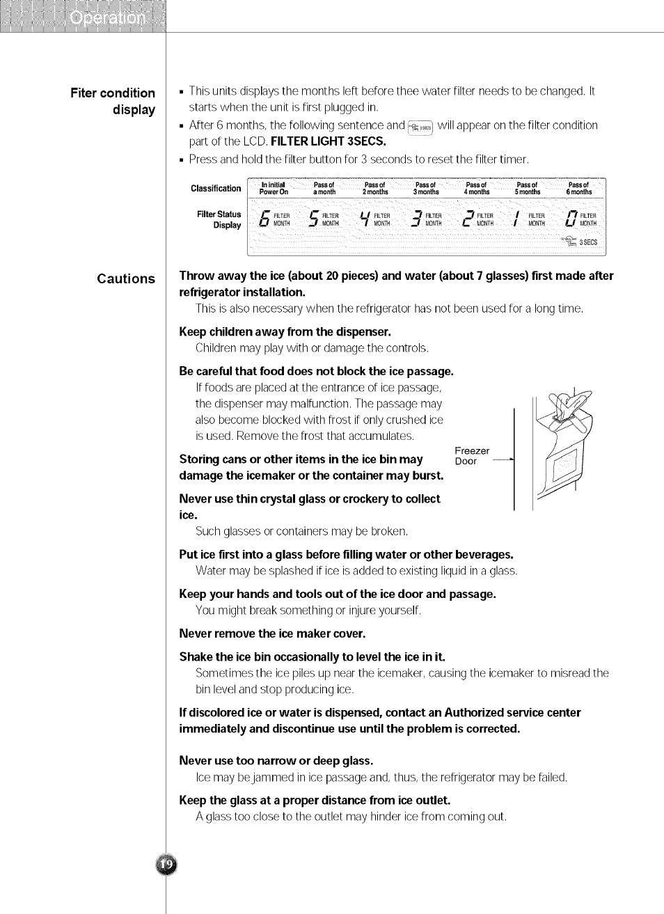 Never remove the ice maker cover, Never use too narrow or deep glass, Fiter condition display cautions | Filter light 3secs, Keep children away from the dispenser, Storing cans or other items in the ice bin may | LG SXS LRSC 26980TT User Manual | Page 19 / 33