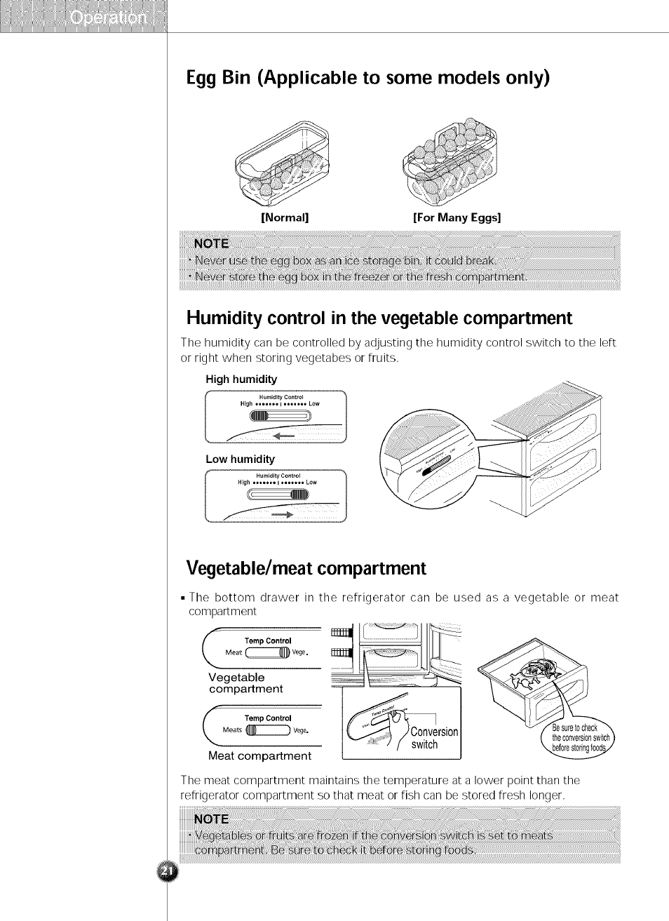 Egg bin (applicable to some models only), Note, Humidity control in the vegetable compartment | Vegetable/meat compartment | LG SXS LRSC 26980TT User Manual | Page 21 / 33