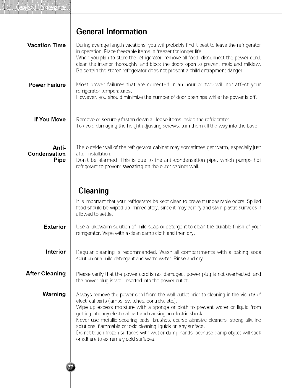 General information, Cleaning | LG SXS LRSC 26980TT User Manual | Page 27 / 33