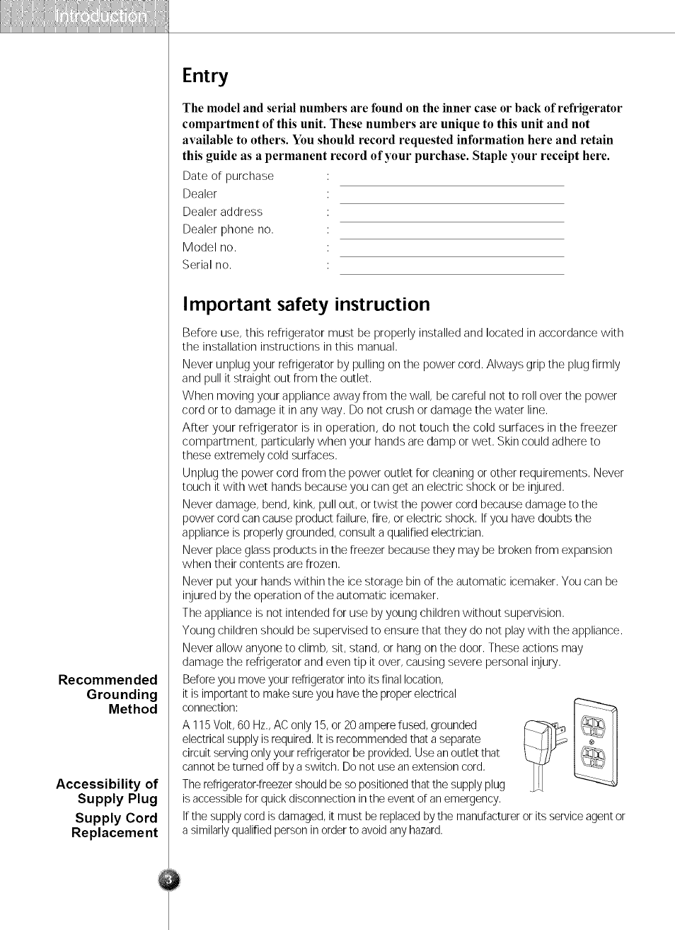 Entry, Important safety instruction | LG SXS LRSC 26980TT User Manual | Page 3 / 33