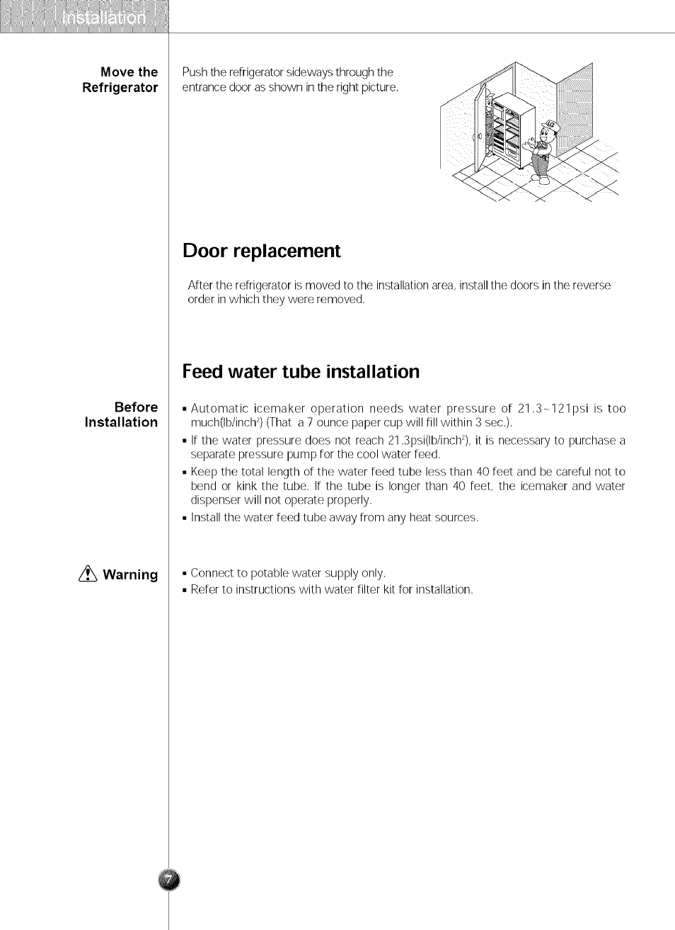 Door replacement, Feed water tube installation | LG SXS LRSC 26980TT User Manual | Page 7 / 33