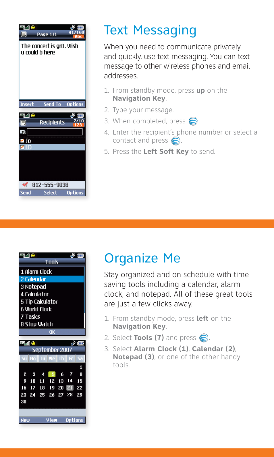 Text messaging, Organize me | LG CU515 User Manual | Page 14 / 16
