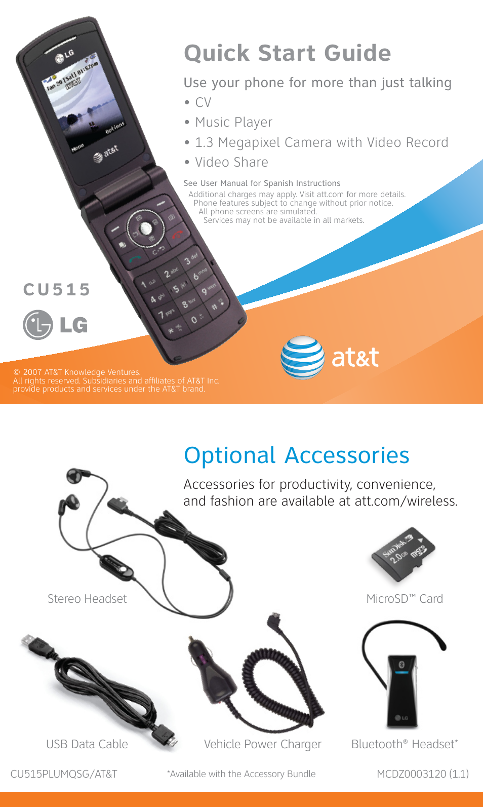 Optional accessories, Quick start guide, C e 1 1 0 | C u 5 1 5 | LG CU515 User Manual | Page 16 / 16