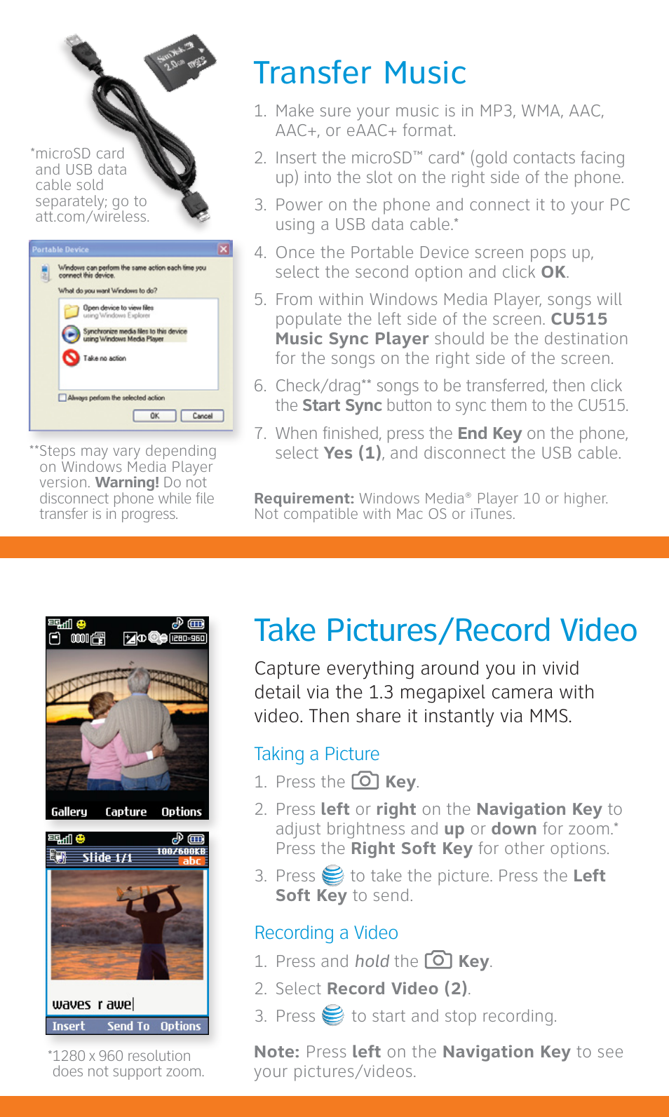 Transfer music, Take pictures/record video | LG CU515 User Manual | Page 4 / 16