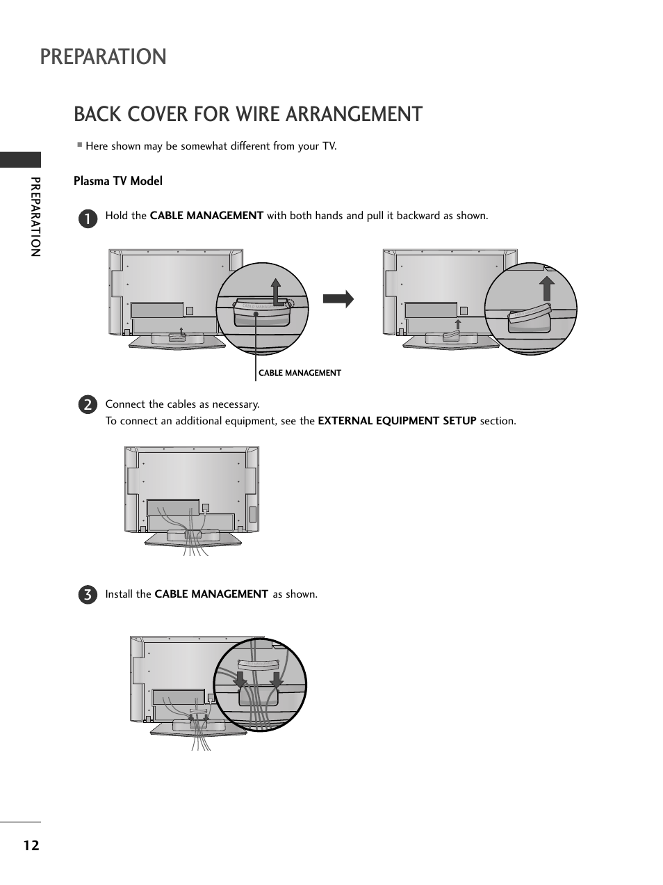 Back cover for wire arrangement, Plasma tv model, Preparation | LG 32LC7DC User Manual | Page 14 / 94