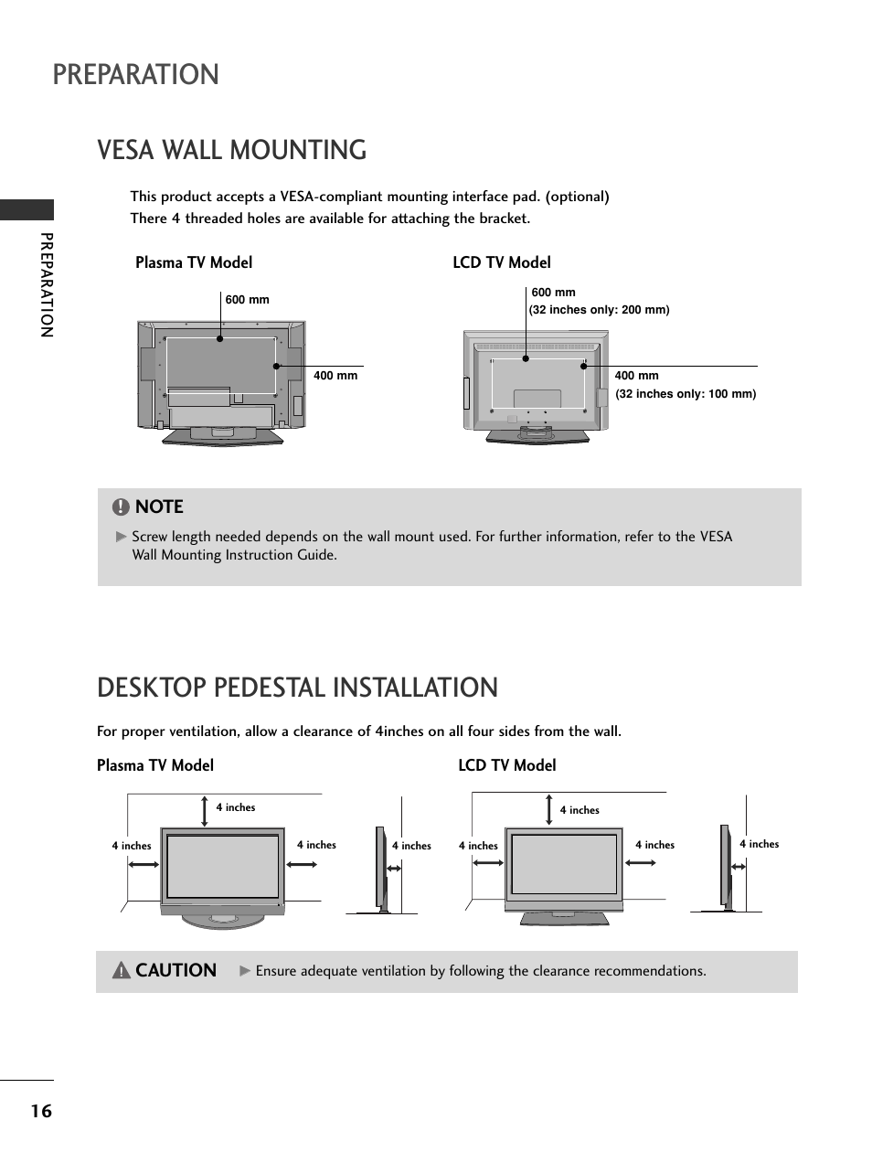 Vesa wall mounting, Desktop pedestal installation, Preparation | Caution, Prep ar a t ion, Plasma tv model lcd tv model | LG 32LC7DC User Manual | Page 18 / 94